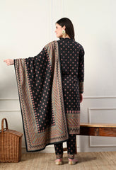 Black Pure Wool Digital Print Suit with Hand Embroidery Detailing on the Neck - Set of 3