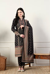 Black Pure Wool Digital Print Suit with Hand Embroidery Detailing on the Neck - Set of 3