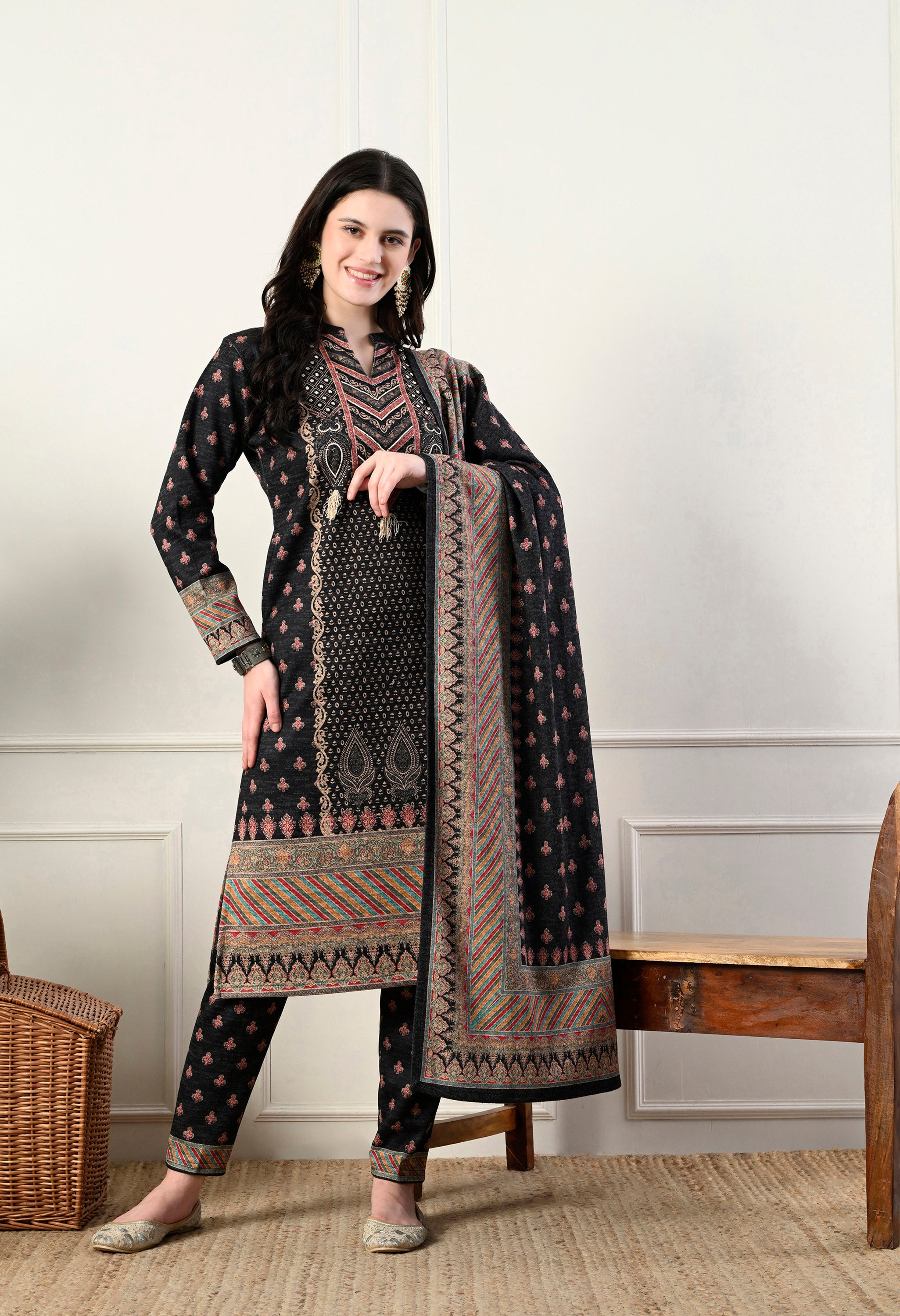 Black Pure Wool Digital Print Suit with Hand Embroidery Detailing on the Neck - Set of 3