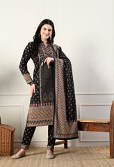 Black Pure Wool Digital Print Suit with Hand Embroidery Detailing on the Neck - Set of 3