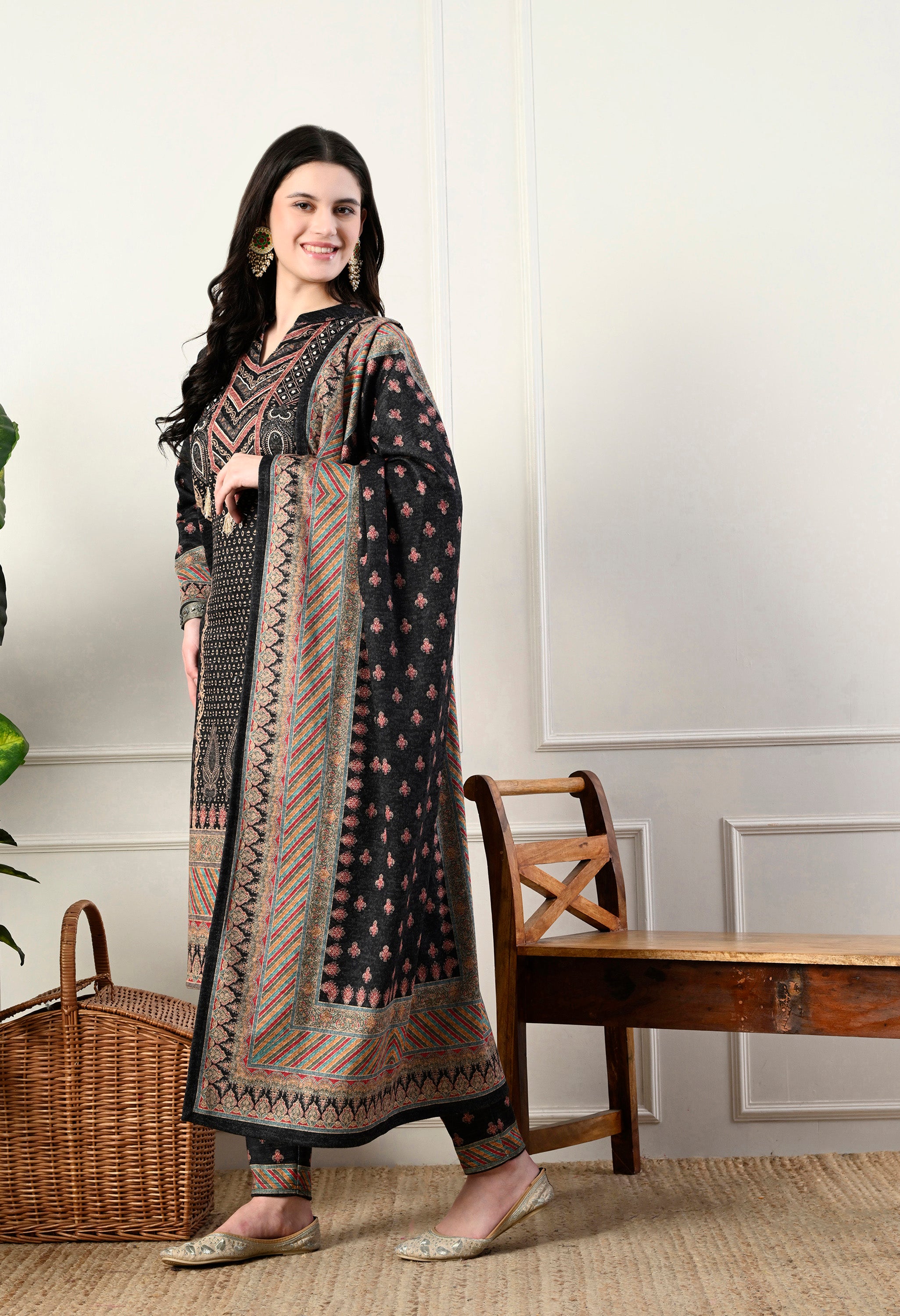 Black Pure Wool Digital Print Suit with Hand Embroidery Detailing on the Neck - Set of 3