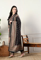 Black Pure Wool Digital Print Suit with Hand Embroidery Detailing on the Neck - Set of 3
