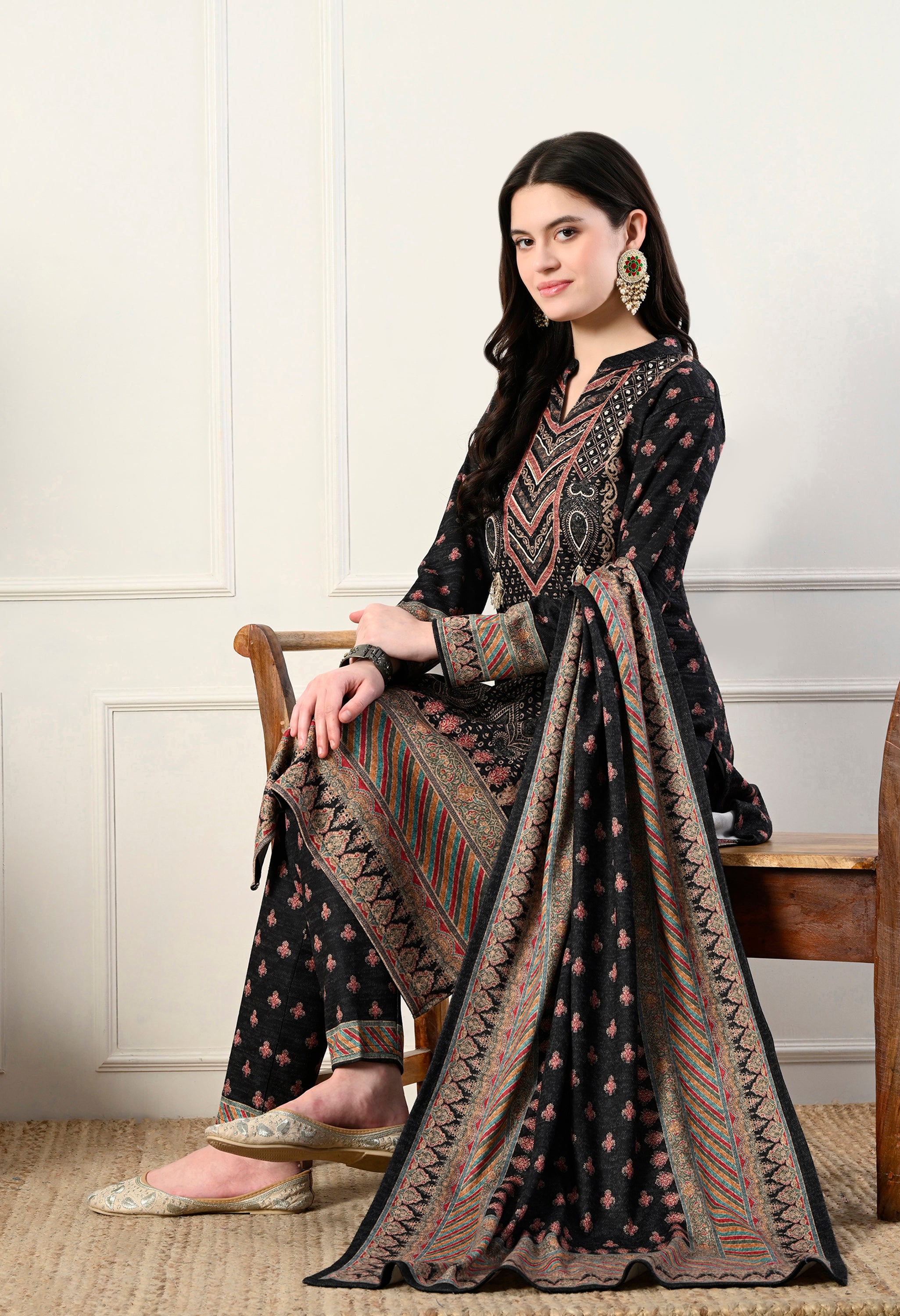 Black Pure Wool Digital Print Suit with Hand Embroidery Detailing on the Neck - Set of 3
