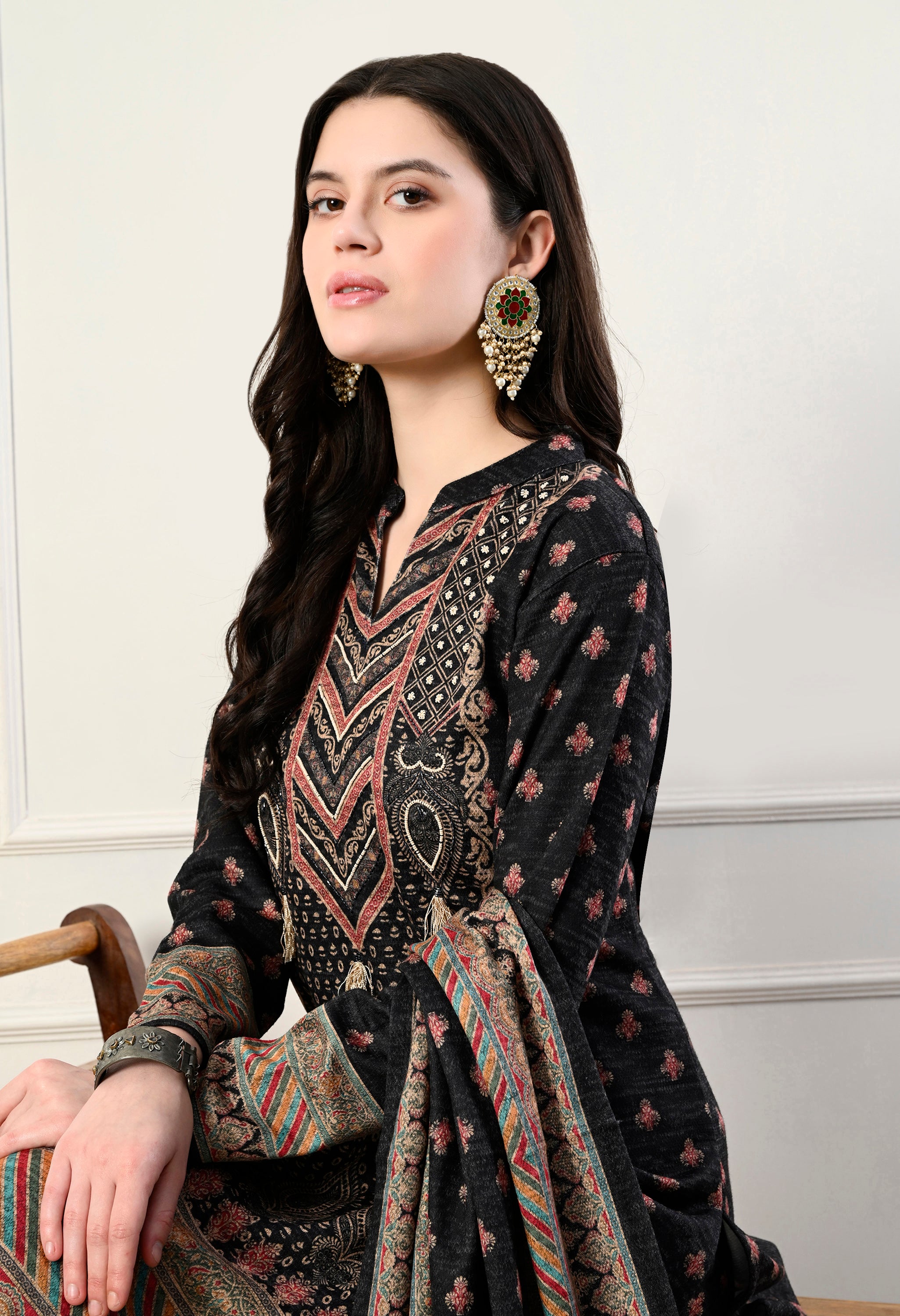 Black Pure Wool Digital Print Suit with Hand Embroidery Detailing on the Neck - Set of 3
