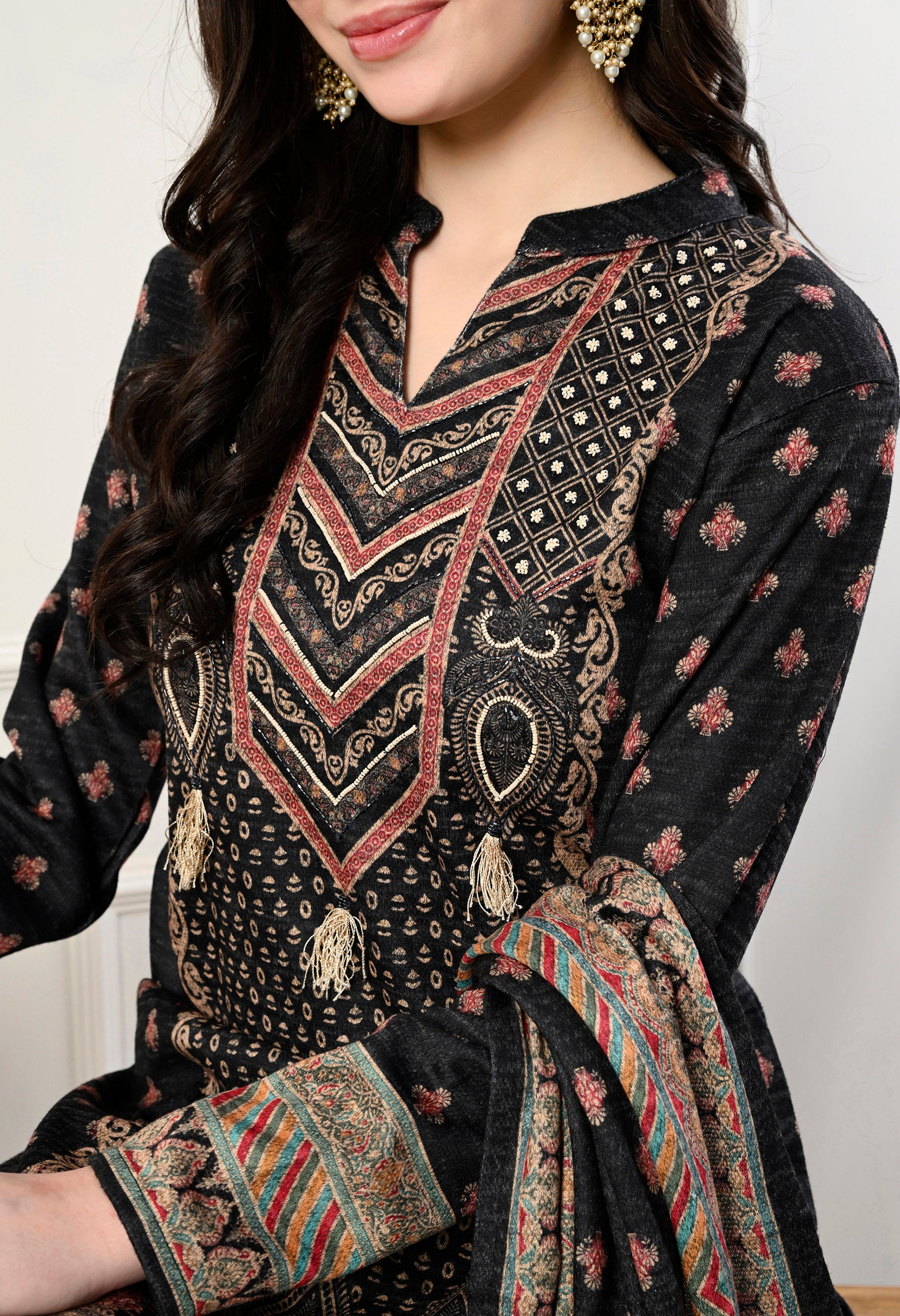 Black Pure Wool Digital Print Suit with Hand Embroidery Detailing on the Neck - Set of 3