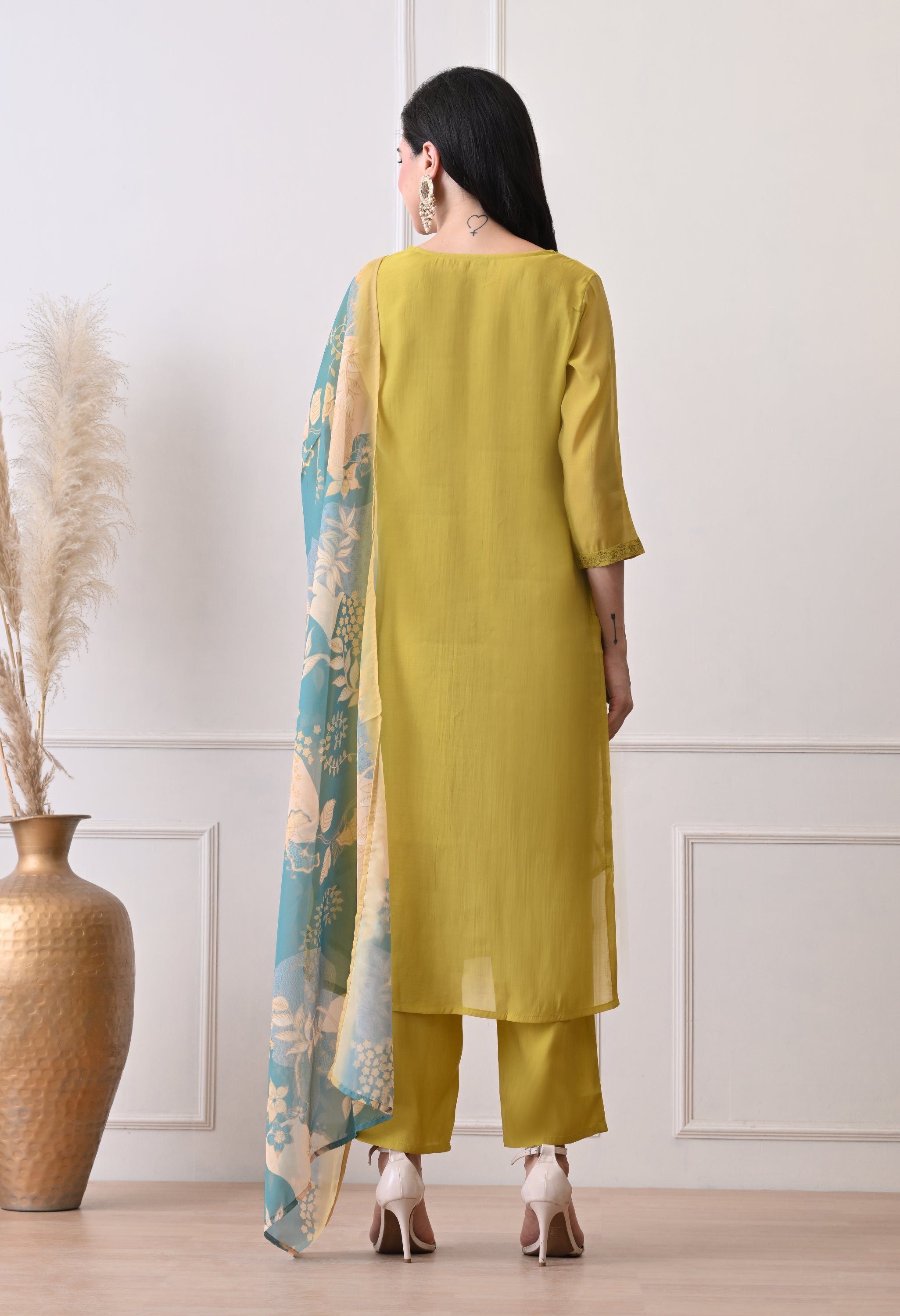 Golden Yellow Mul Chanderi Applique Work Suit -Set of 3