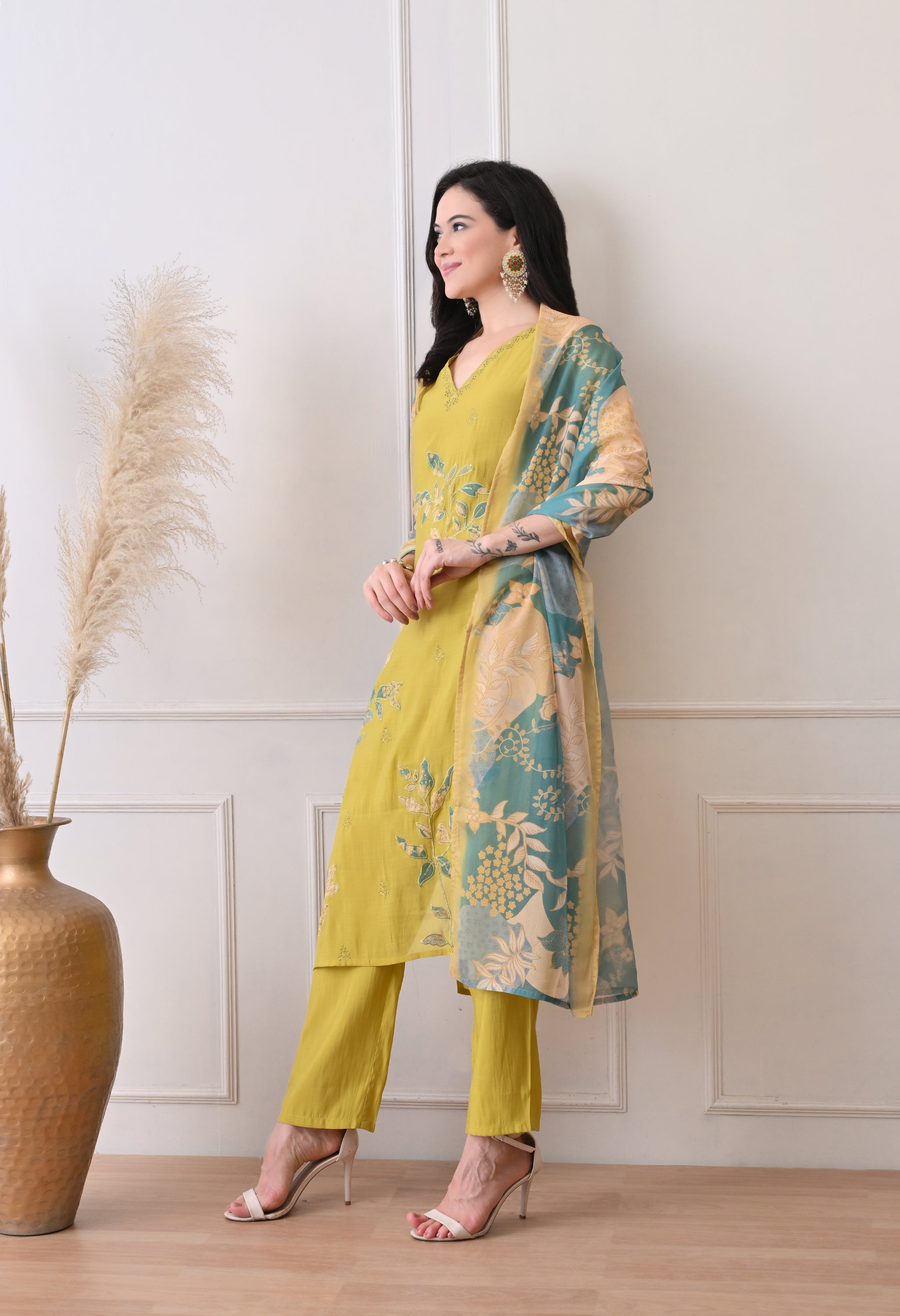 Golden Yellow Mul Chanderi Applique Work Suit -Set of 3