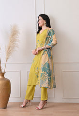 Golden Yellow Mul Chanderi Applique Work Suit -Set of 3