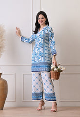 Cream Blue Soft Cotton Linen Digital Print Co-ord Set- Set of 2