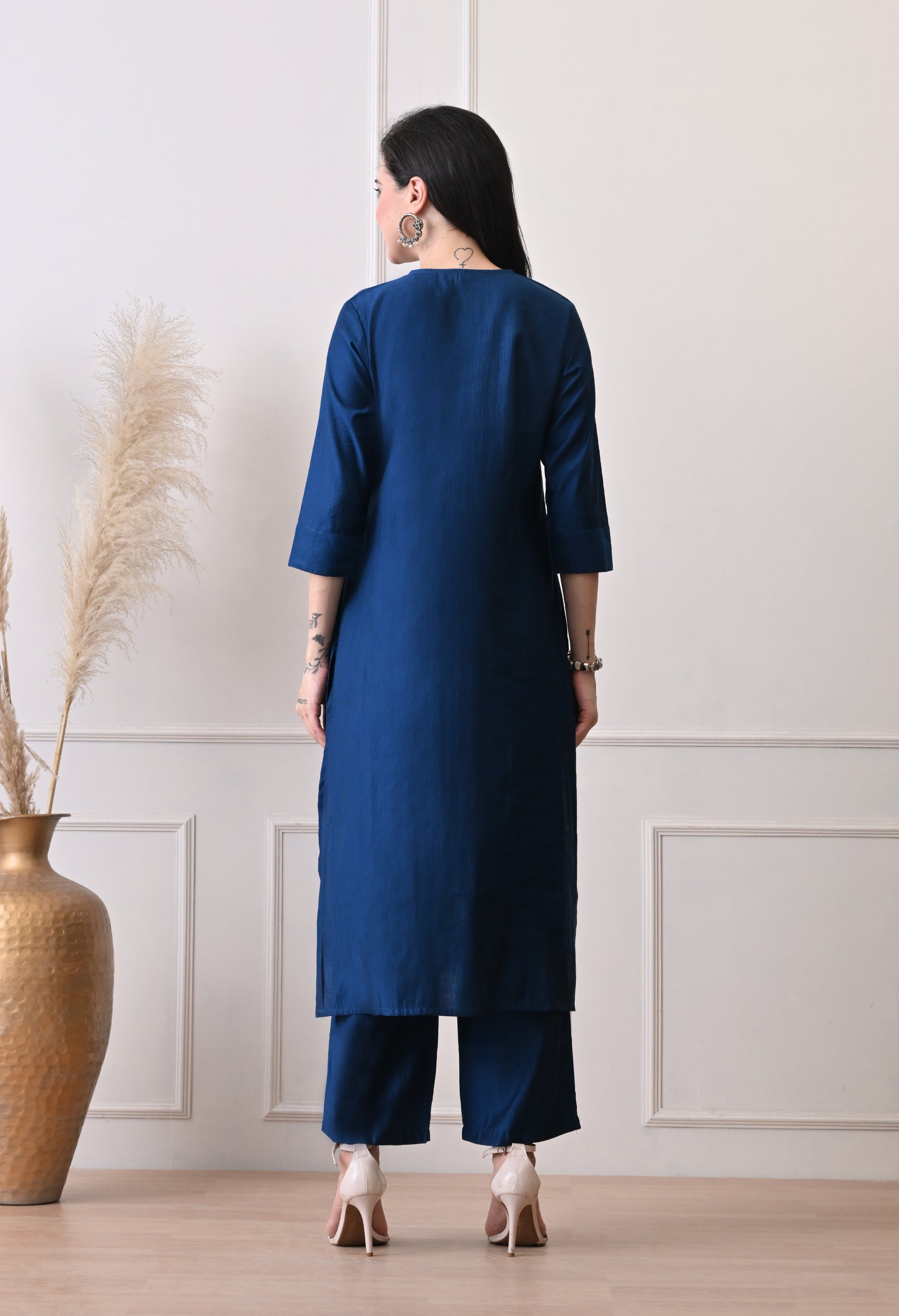 Blue Vertical Silk A-Line Kurta With Pants- Set of 2