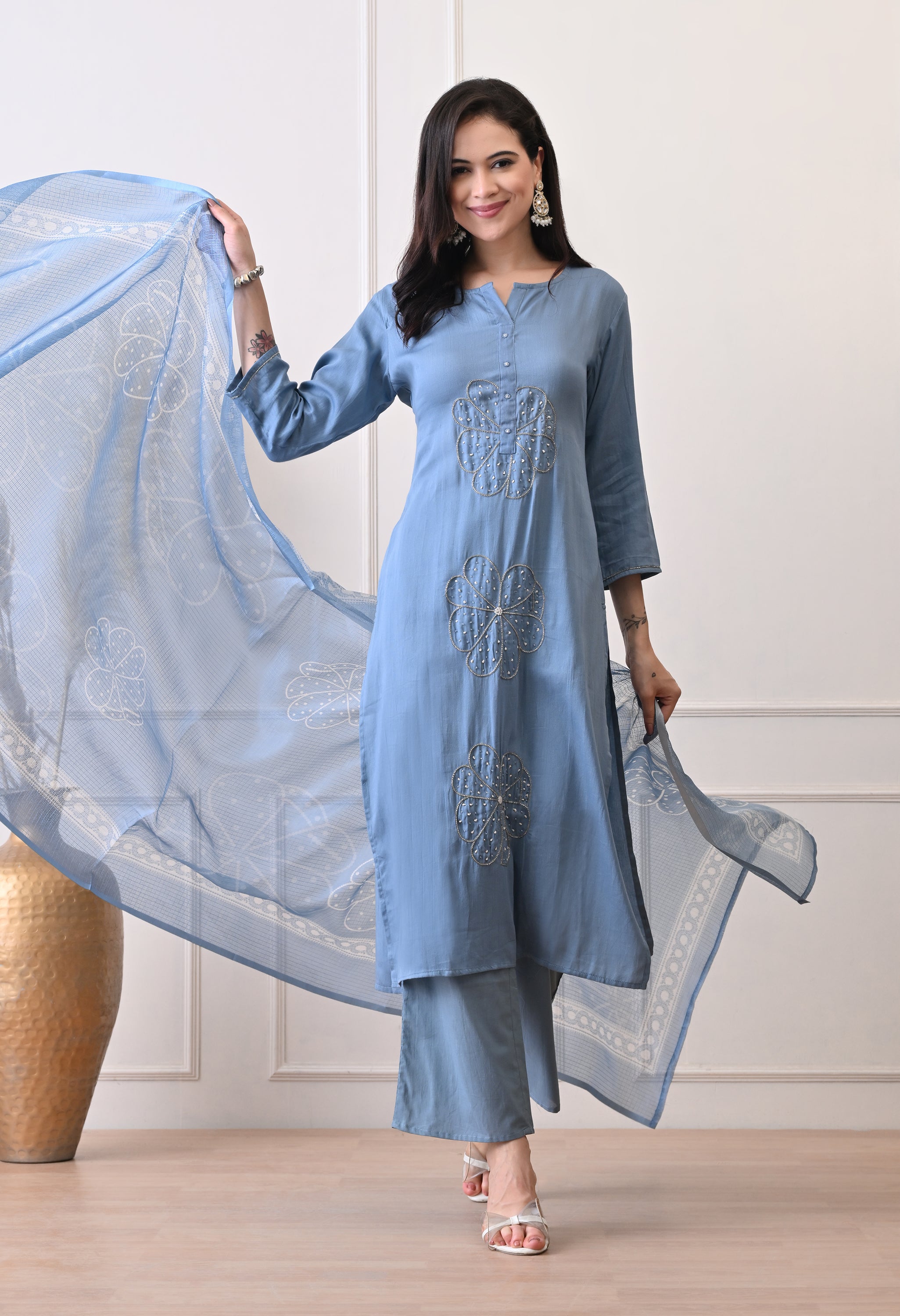 Blue Mul Chanderi Hand Embroidery Suit- Set of 3