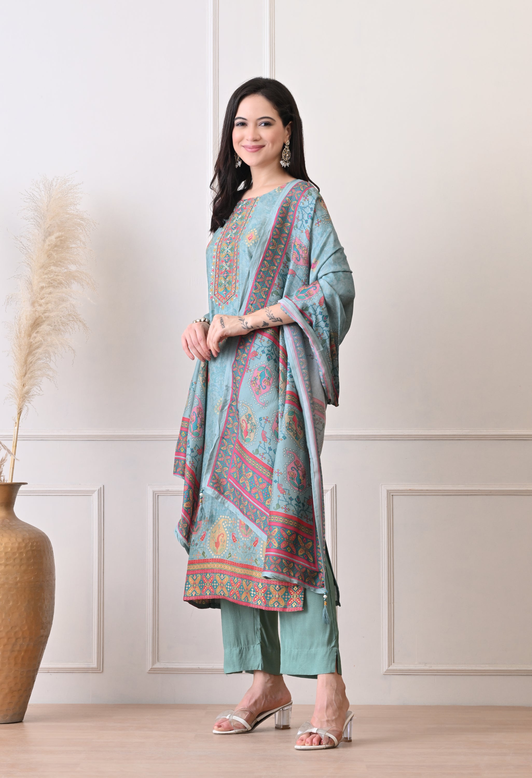 Green Pure Banarasi Silk Embroidered Suit- Set of 3