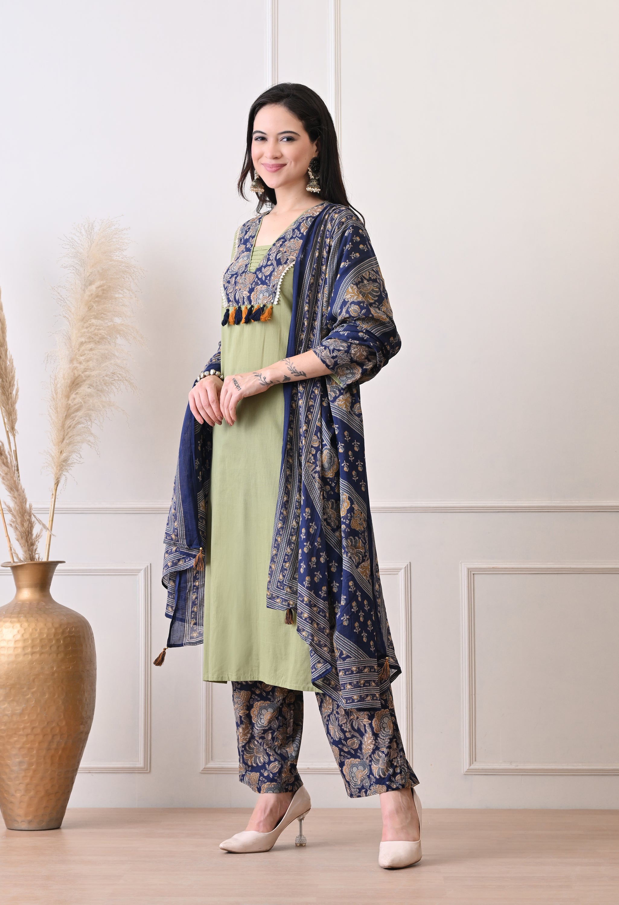 Green Cotton Patch Work Suit- Set of 3