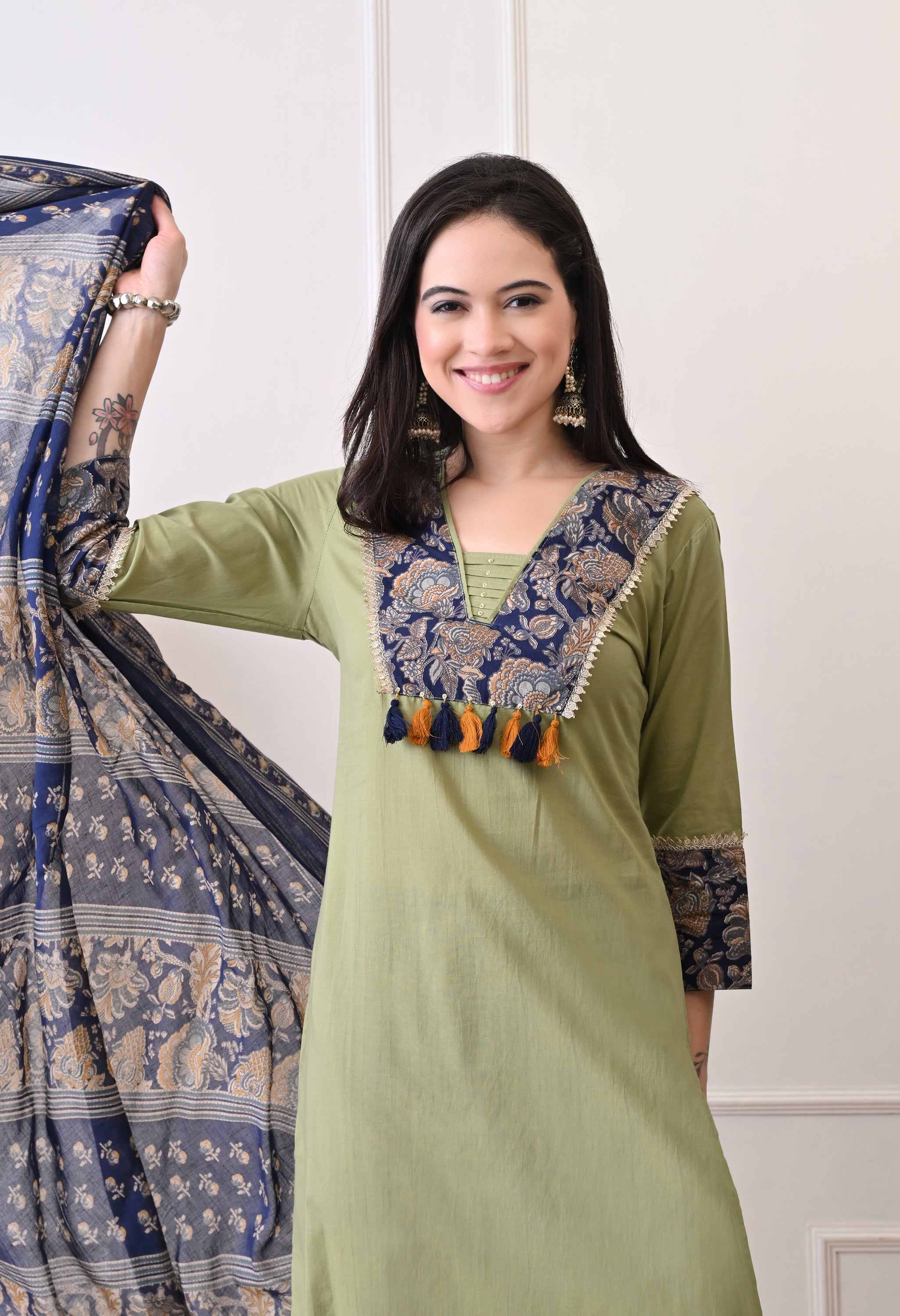 Green Cotton Patch Work Suit- Set of 3