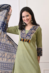 Green Cotton Patch Work Suit- Set of 3