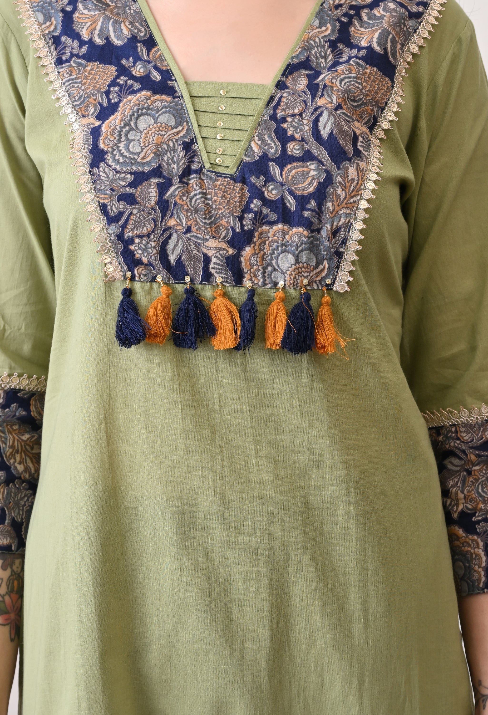 Green Cotton Patch Work Suit- Set of 3