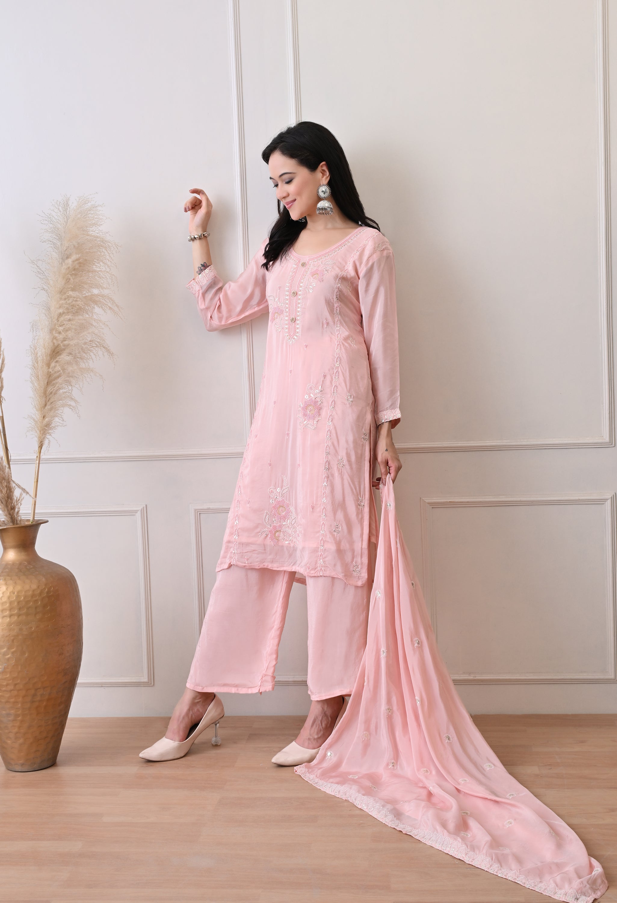 Peach Pure Crepe Hand Embroidered Suit- Set of 3