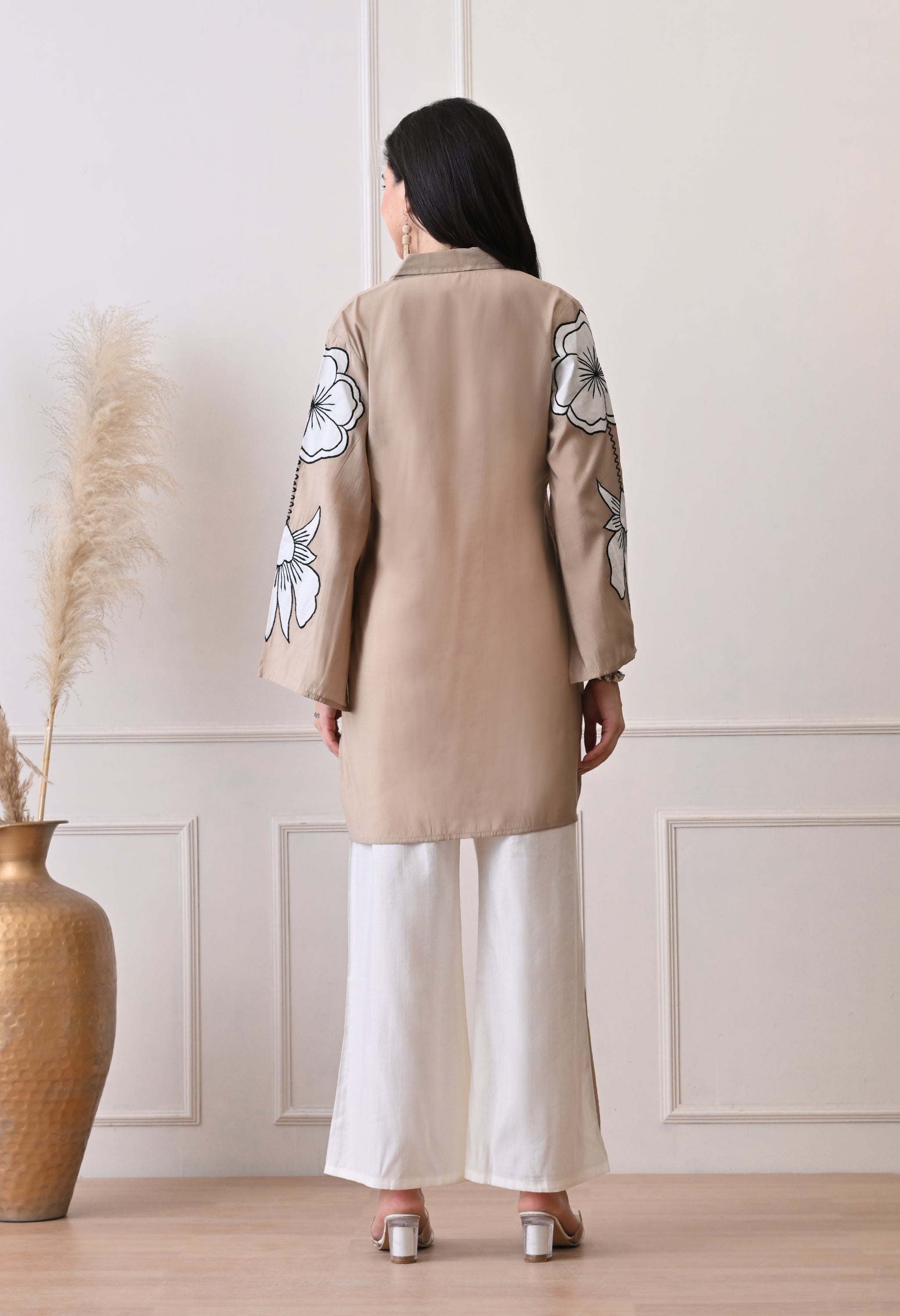 Beige Roman Silk Patch Work Co-ord Set- Set of 2