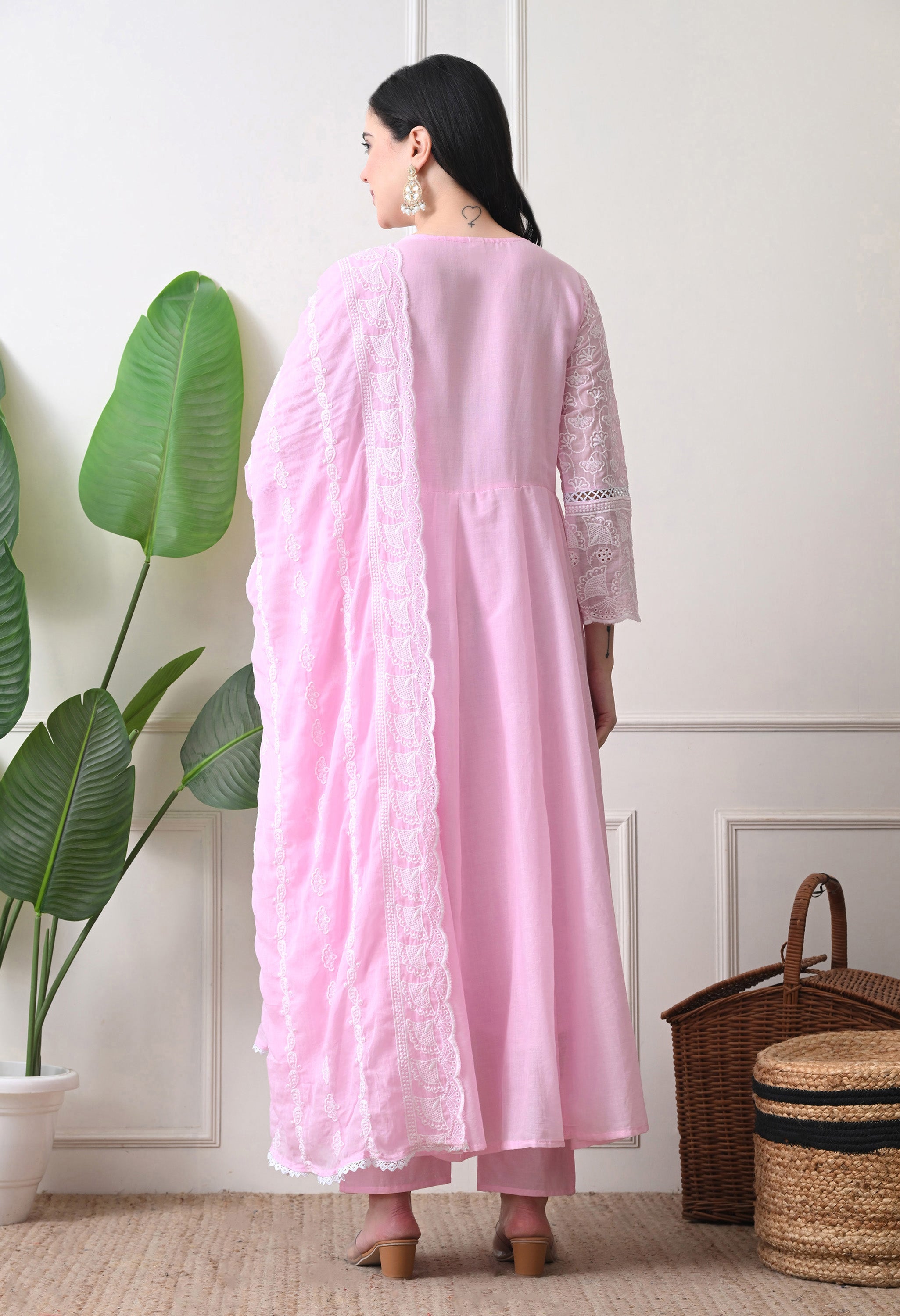 Pink Pure Mul Cotton Chikankari Suit- Set of 3