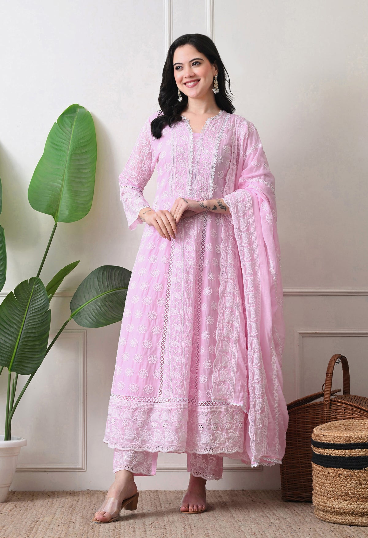 Pink Pure Mul Cotton Chikankari Suit- Set of 3