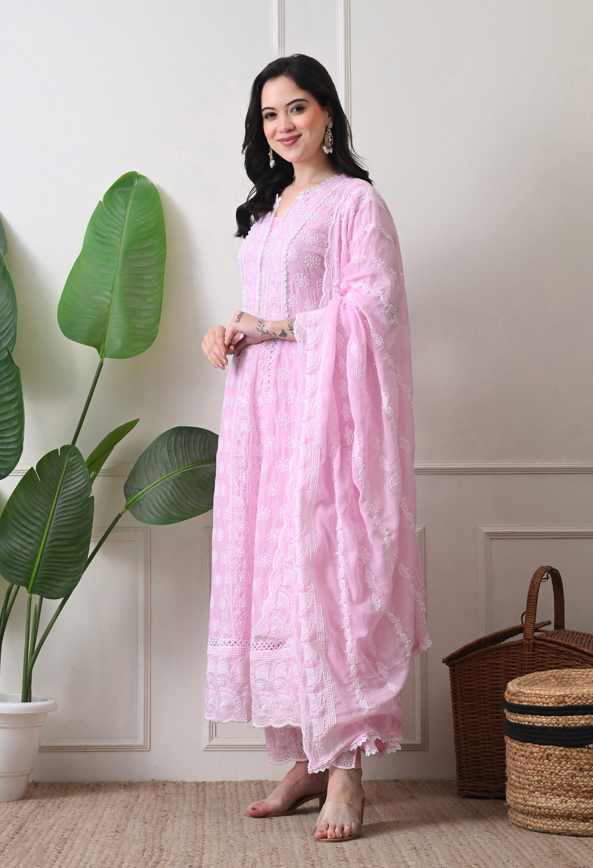 Pink Pure Mul Cotton Chikankari Suit- Set of 3