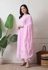 Pink Pure Mul Cotton Chikankari Suit- Set of 3