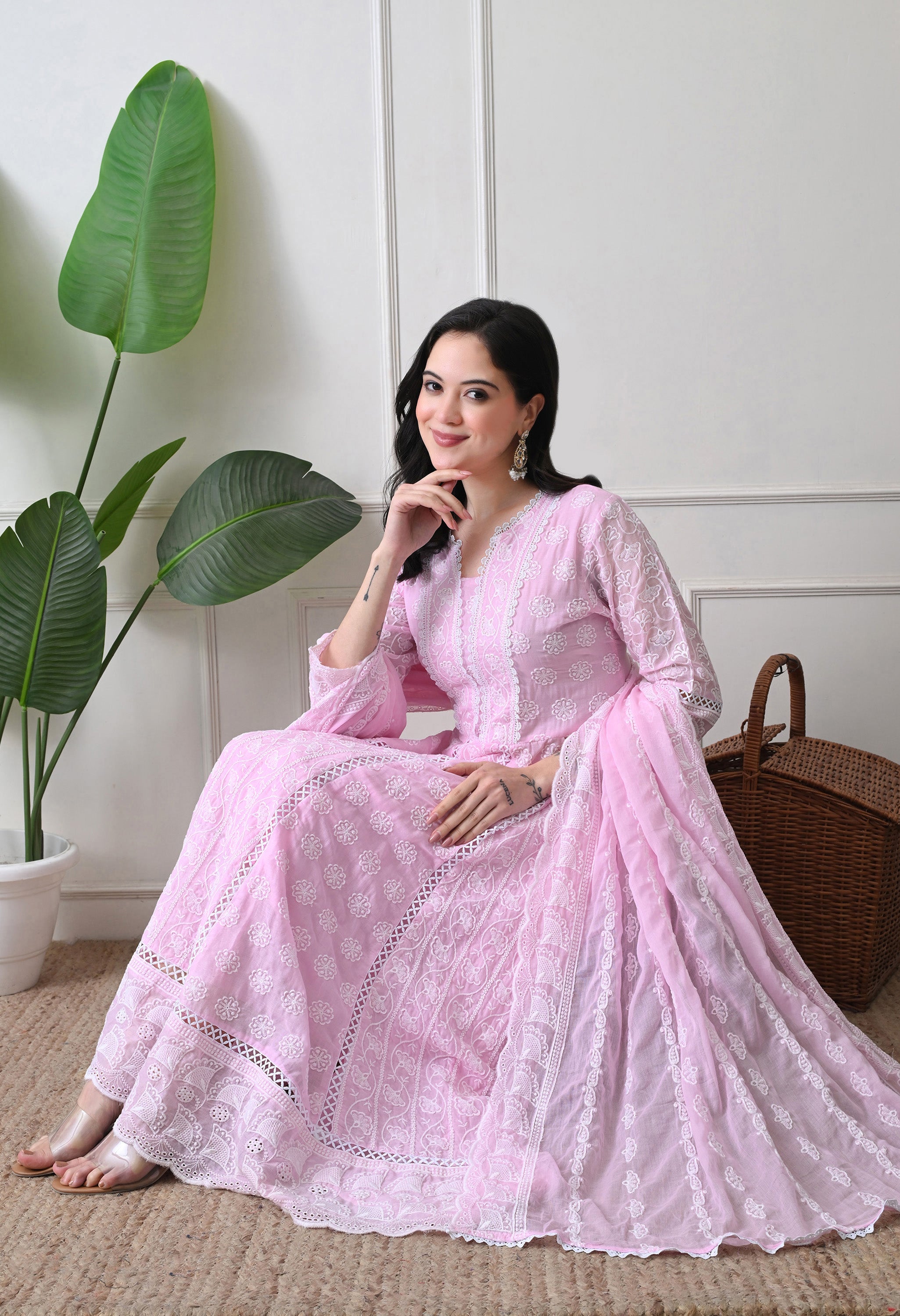 Pink Pure Mul Cotton Chikankari Suit- Set of 3