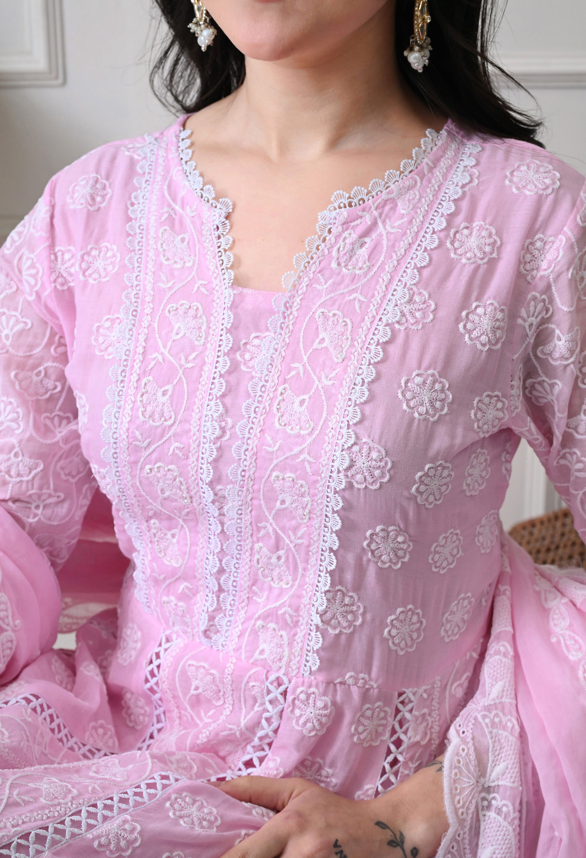 Pink Pure Mul Cotton Chikankari Suit- Set of 3