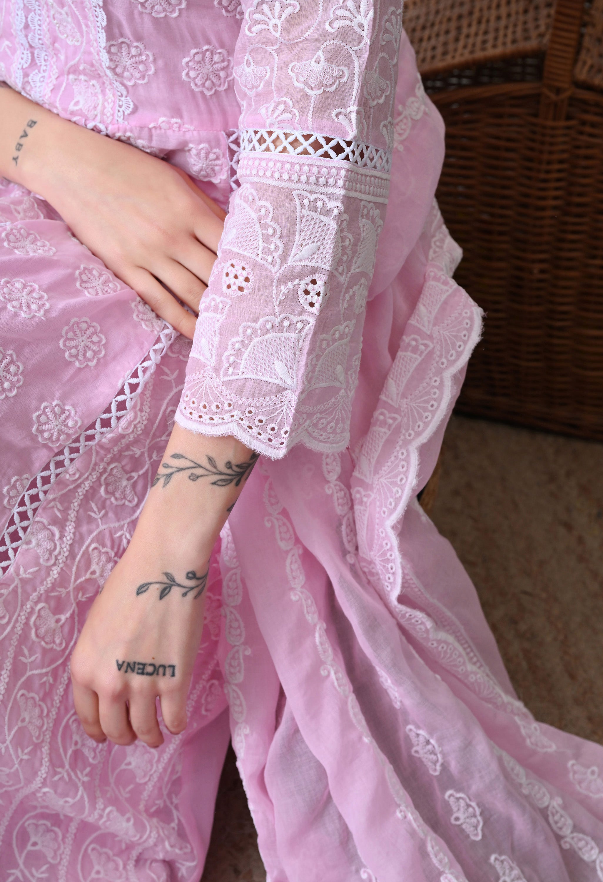 Pink Pure Mul Cotton Chikankari Suit- Set of 3