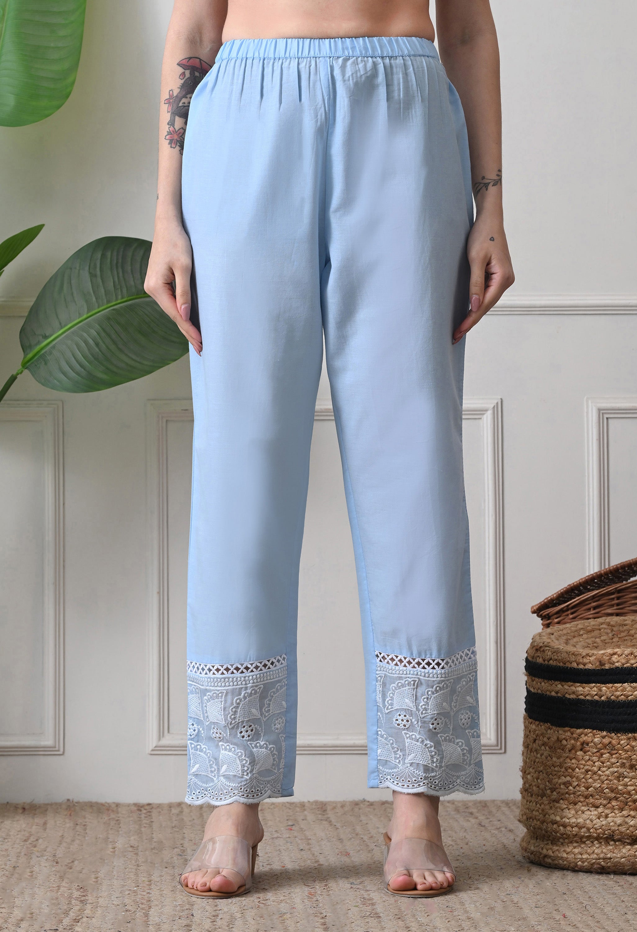 Blue Pure Mul Cotton Chikankari Suit- Set of 3