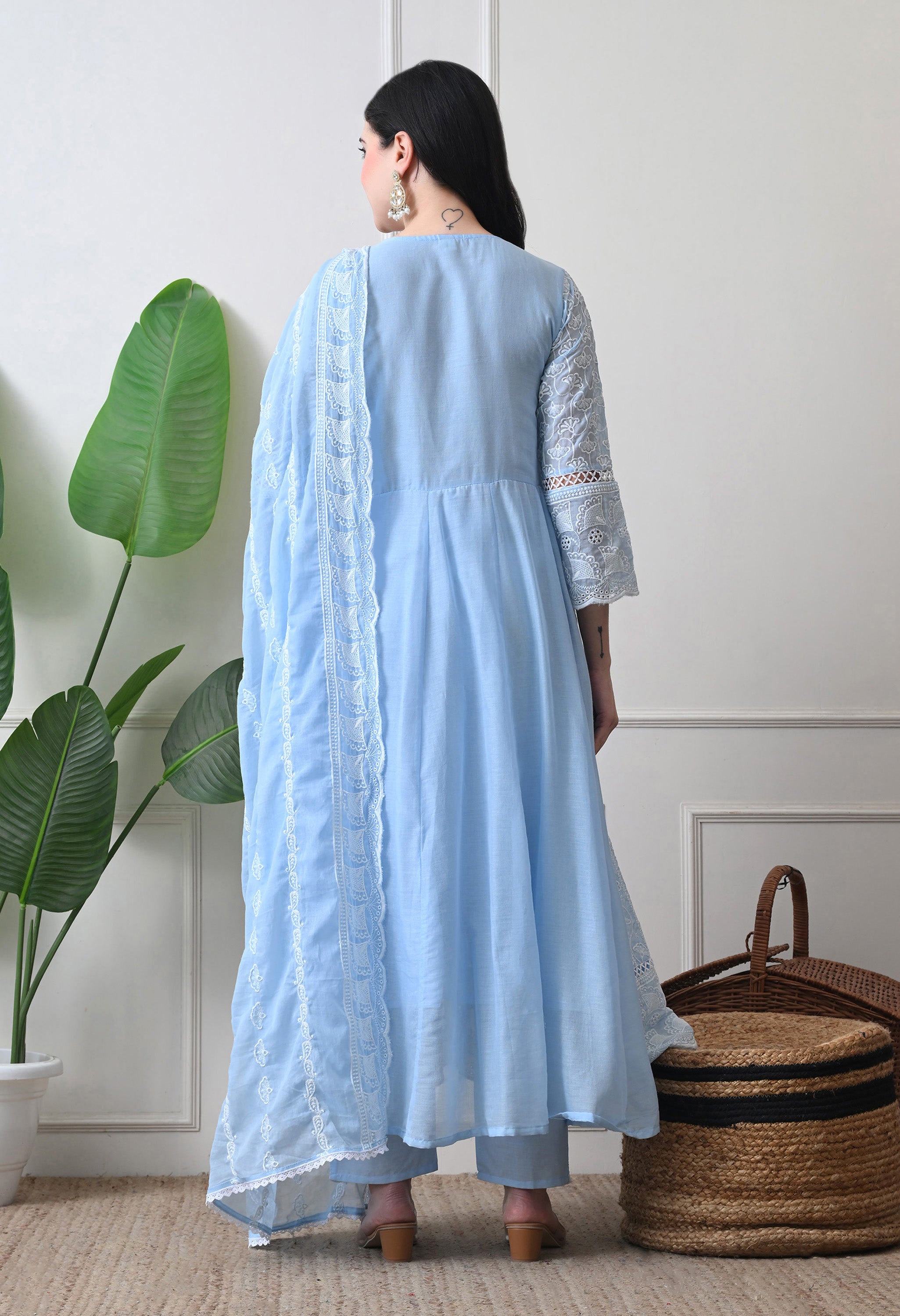 Blue Pure Mul Cotton Chikankari Suit- Set of 3