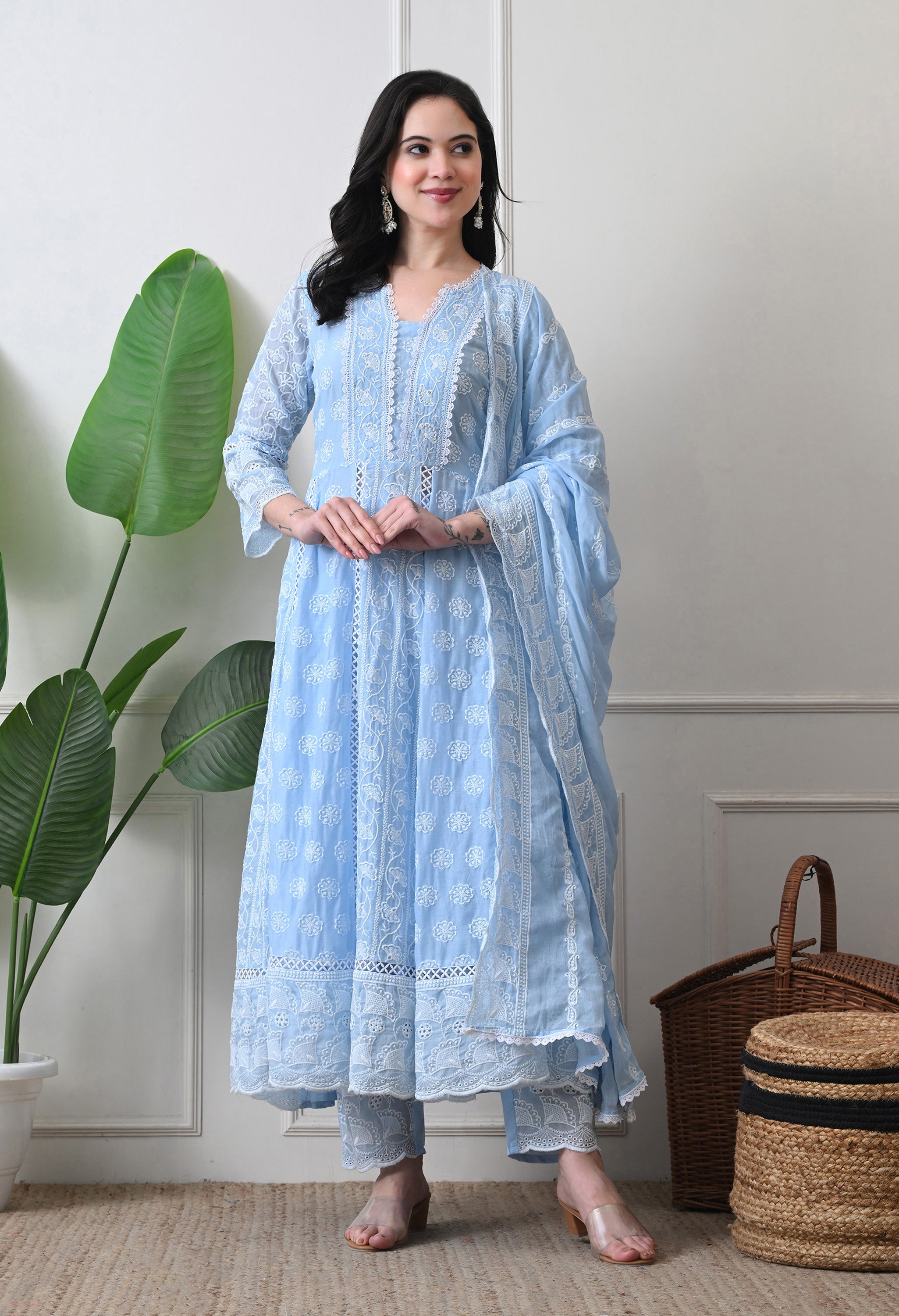 Blue Pure Mul Cotton Chikankari Suit- Set of 3