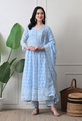 Blue Pure Mul Cotton Chikankari Suit- Set of 3