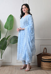 Blue Pure Mul Cotton Chikankari Suit- Set of 3