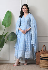 Blue Pure Mul Cotton Chikankari Suit- Set of 3