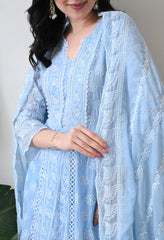Blue Pure Mul Cotton Chikankari Suit- Set of 3