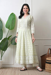 Lime Green Pure Mul Cotton Chikankari Suit- Set of 3