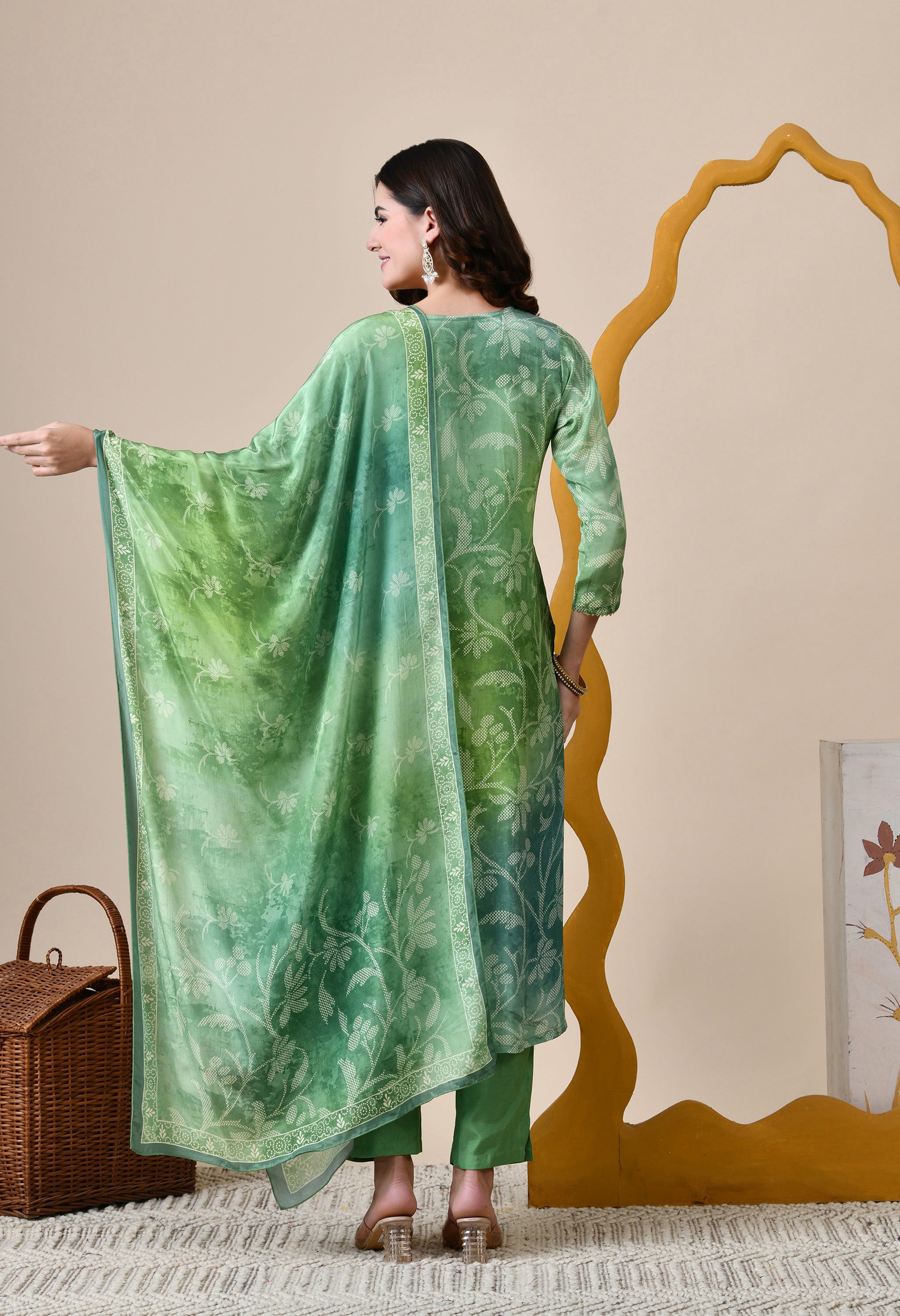 Green Ombre Dyed Crepe Embroidered Suit - Set of 3