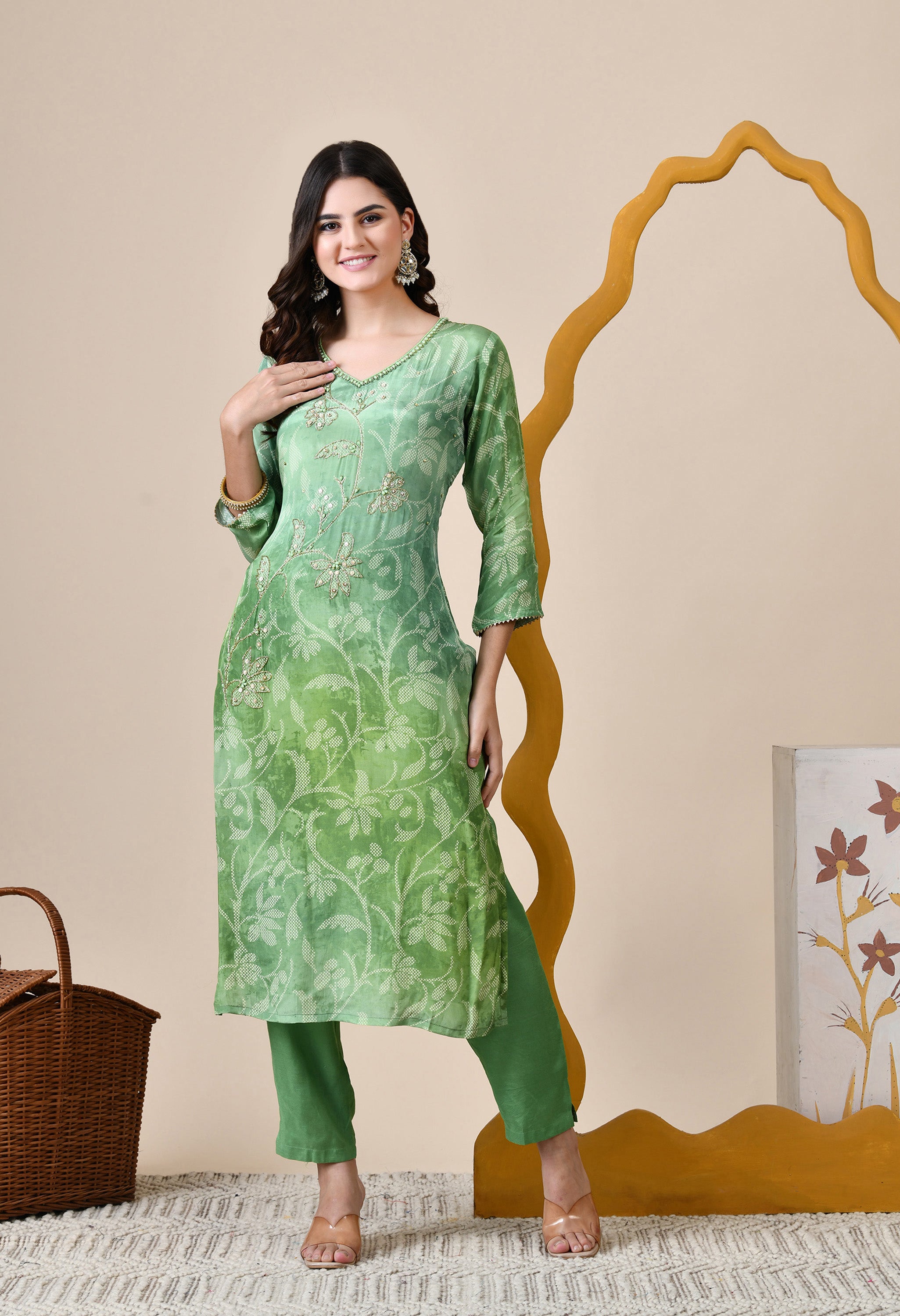 Green Ombre Dyed Crepe Embroidered Suit - Set of 3