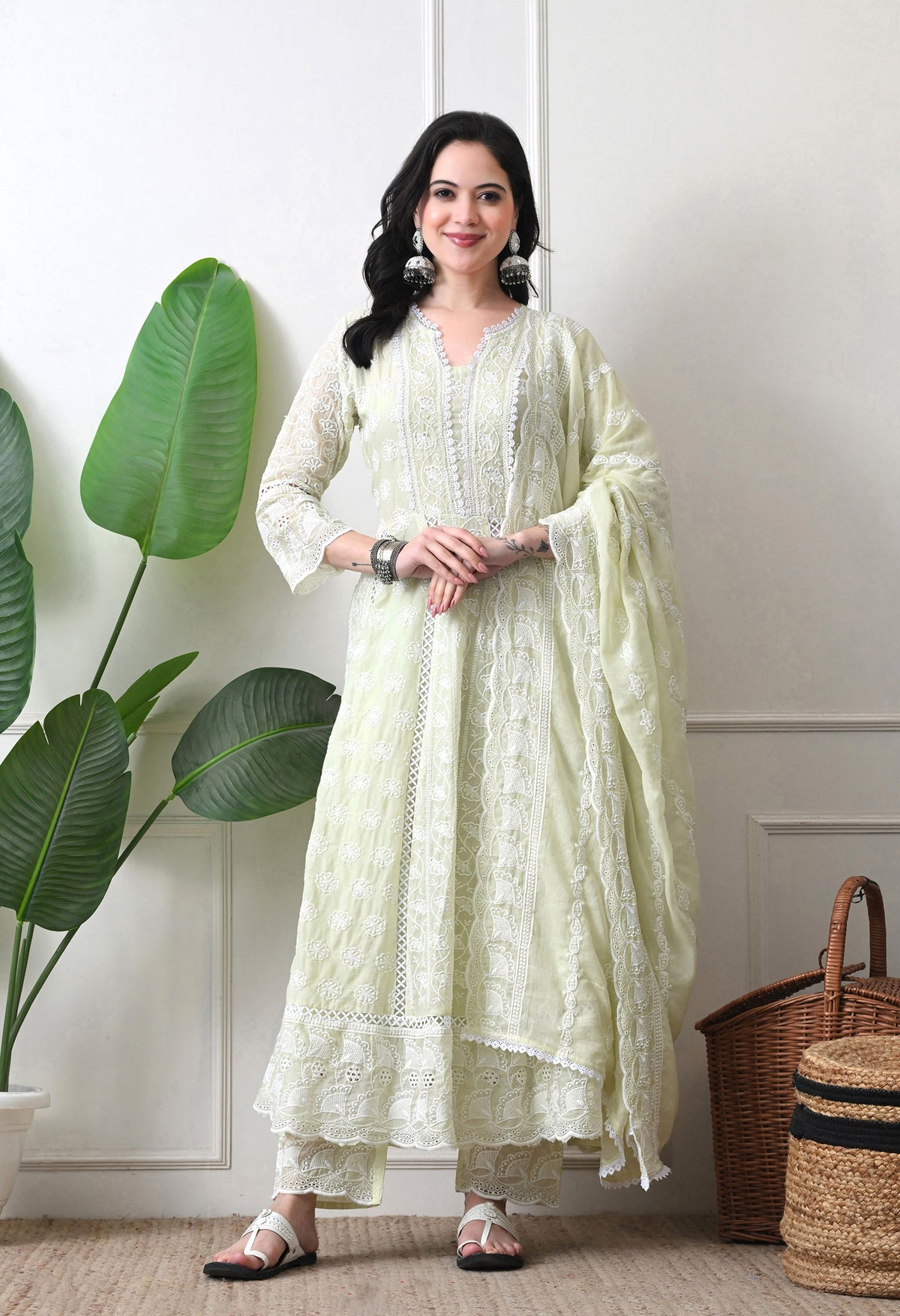 Lime Green Pure Mul Cotton Chikankari Suit- Set of 3