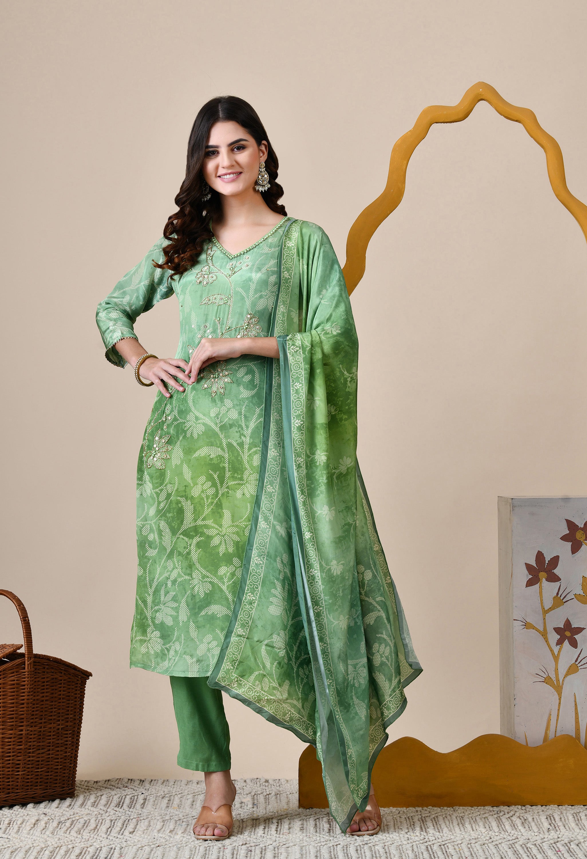 Green Ombre Dyed Crepe Embroidered Suit - Set of 3