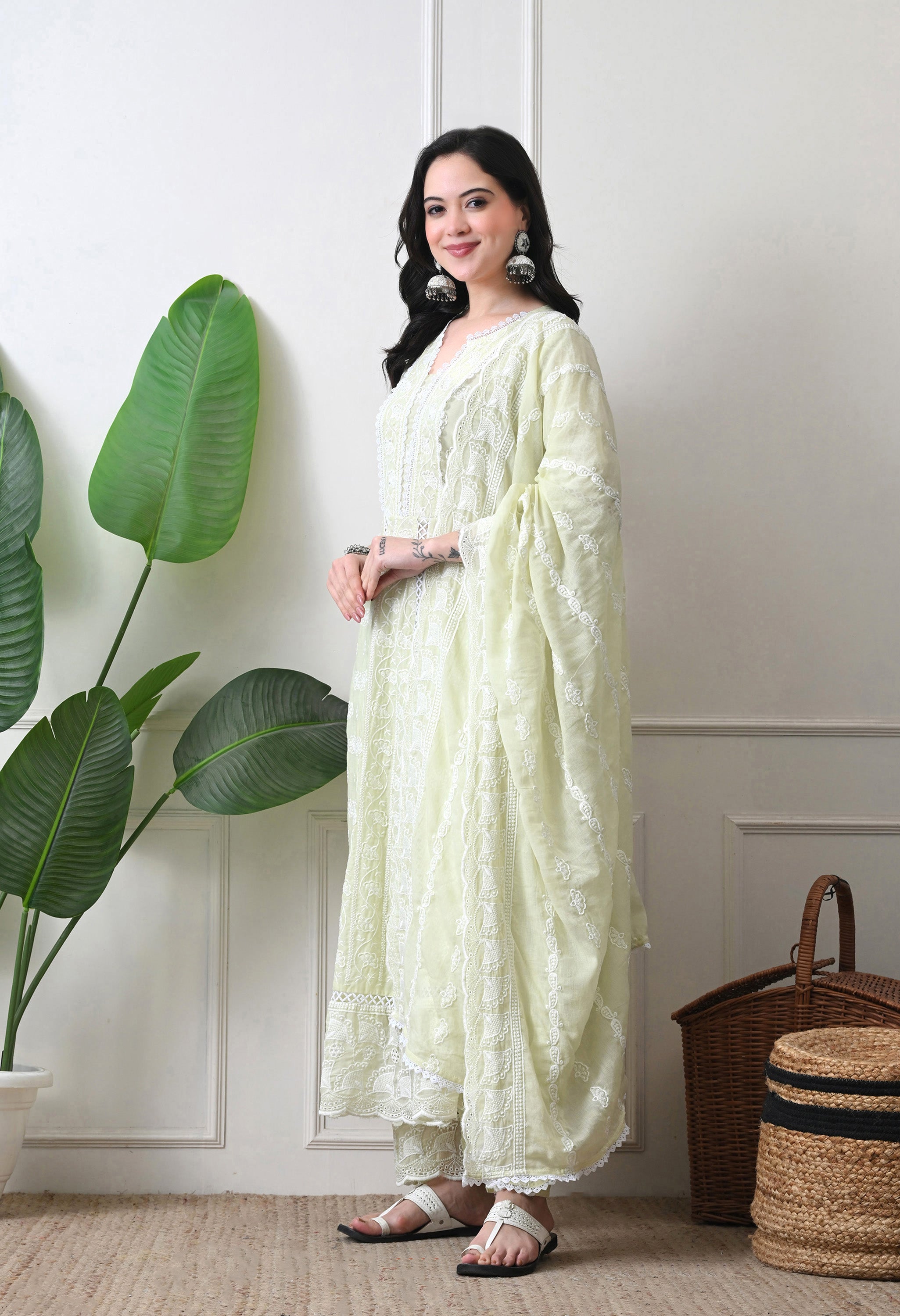 Lime Green Pure Mul Cotton Chikankari Suit- Set of 3