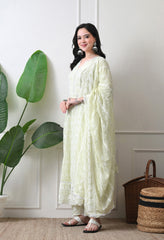 Lime Green Pure Mul Cotton Chikankari Suit- Set of 3