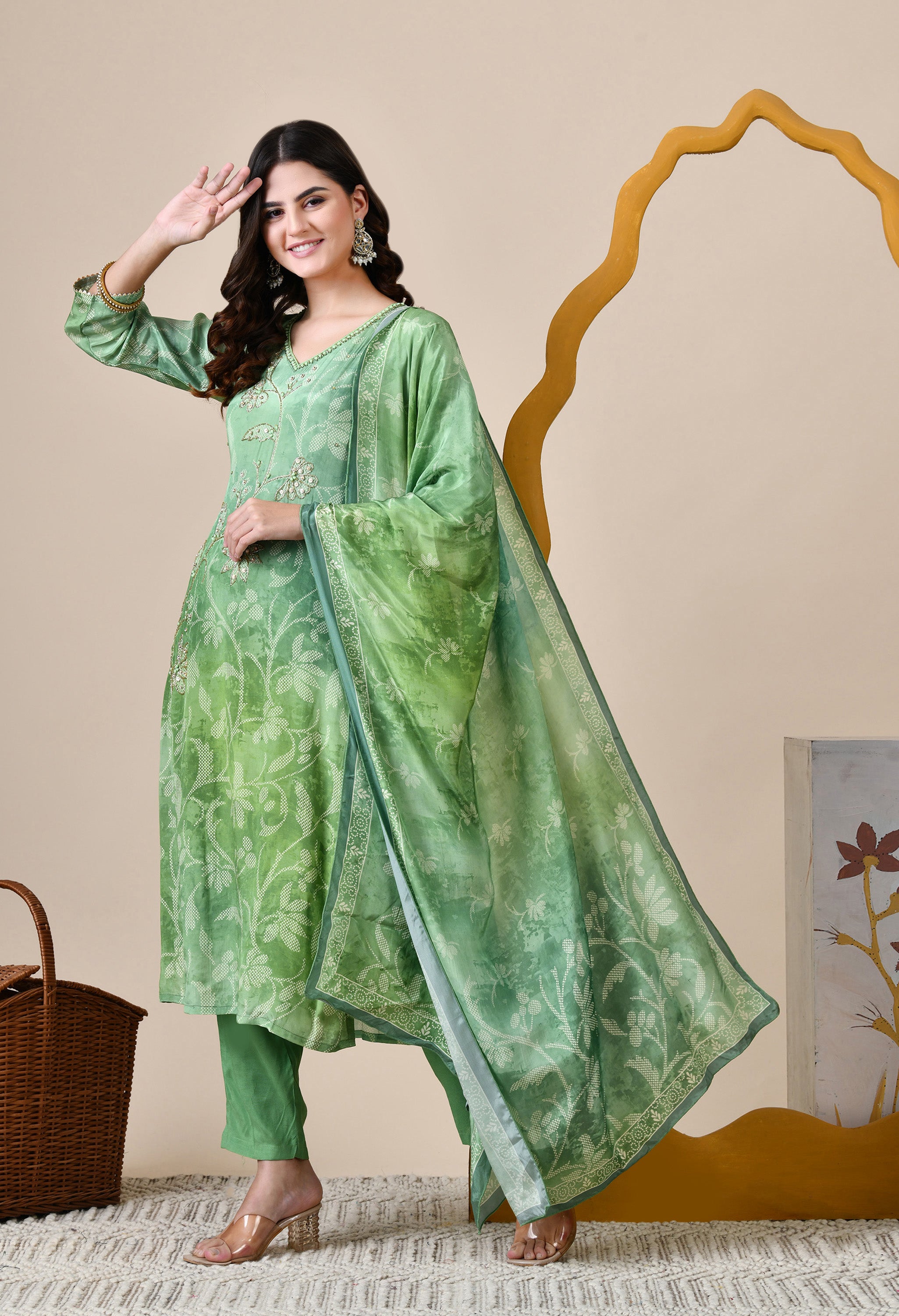 Green Ombre Dyed Crepe Embroidered Suit - Set of 3
