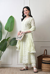 Lime Green Pure Mul Cotton Chikankari Suit- Set of 3