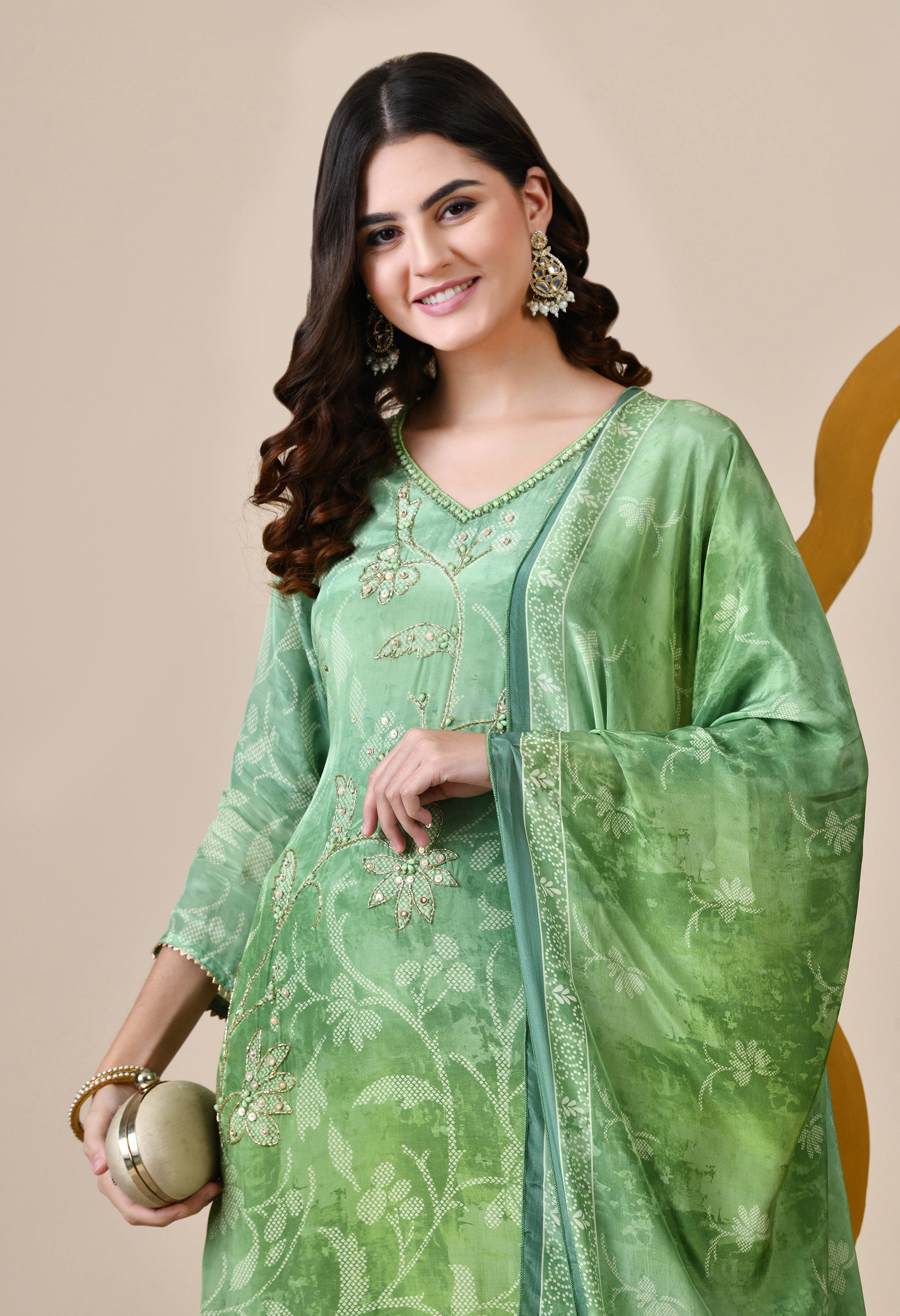 Green Ombre Dyed Crepe Embroidered Suit - Set of 3