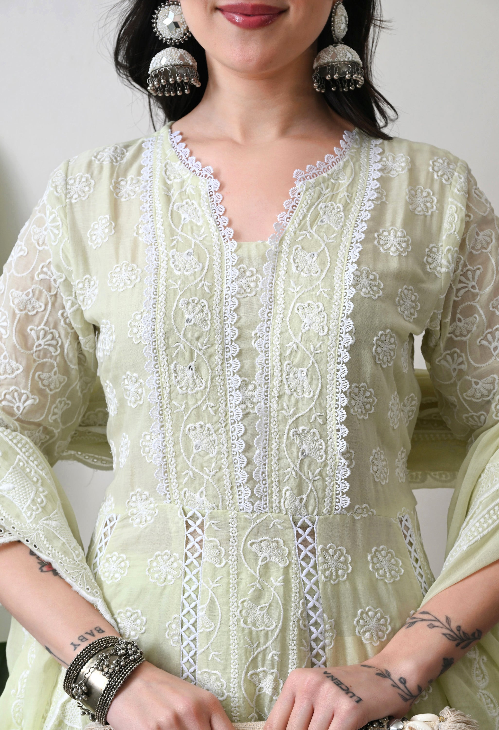 Lime Green Pure Mul Cotton Chikankari Suit- Set of 3