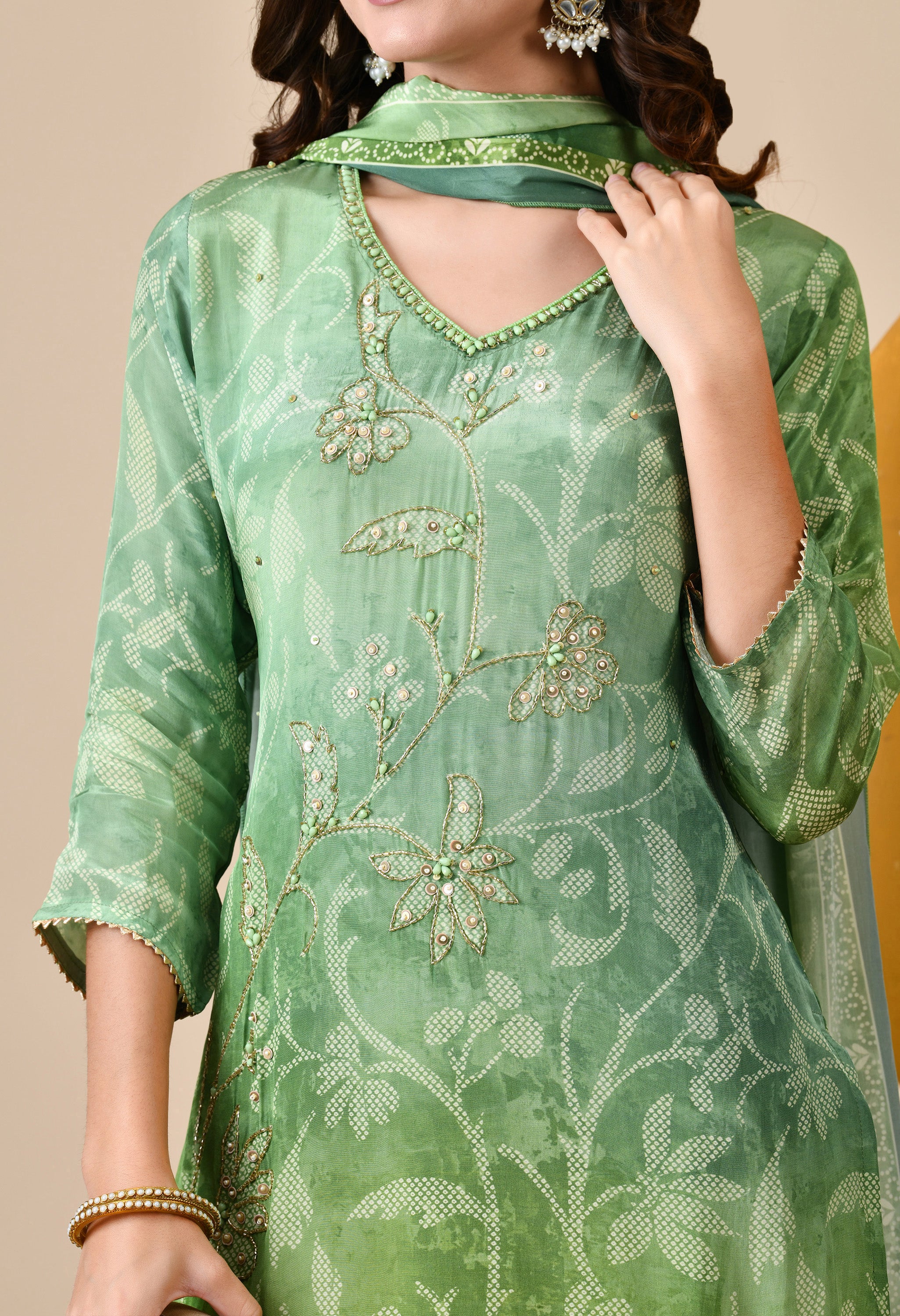 Green Ombre Dyed Crepe Embroidered Suit - Set of 3