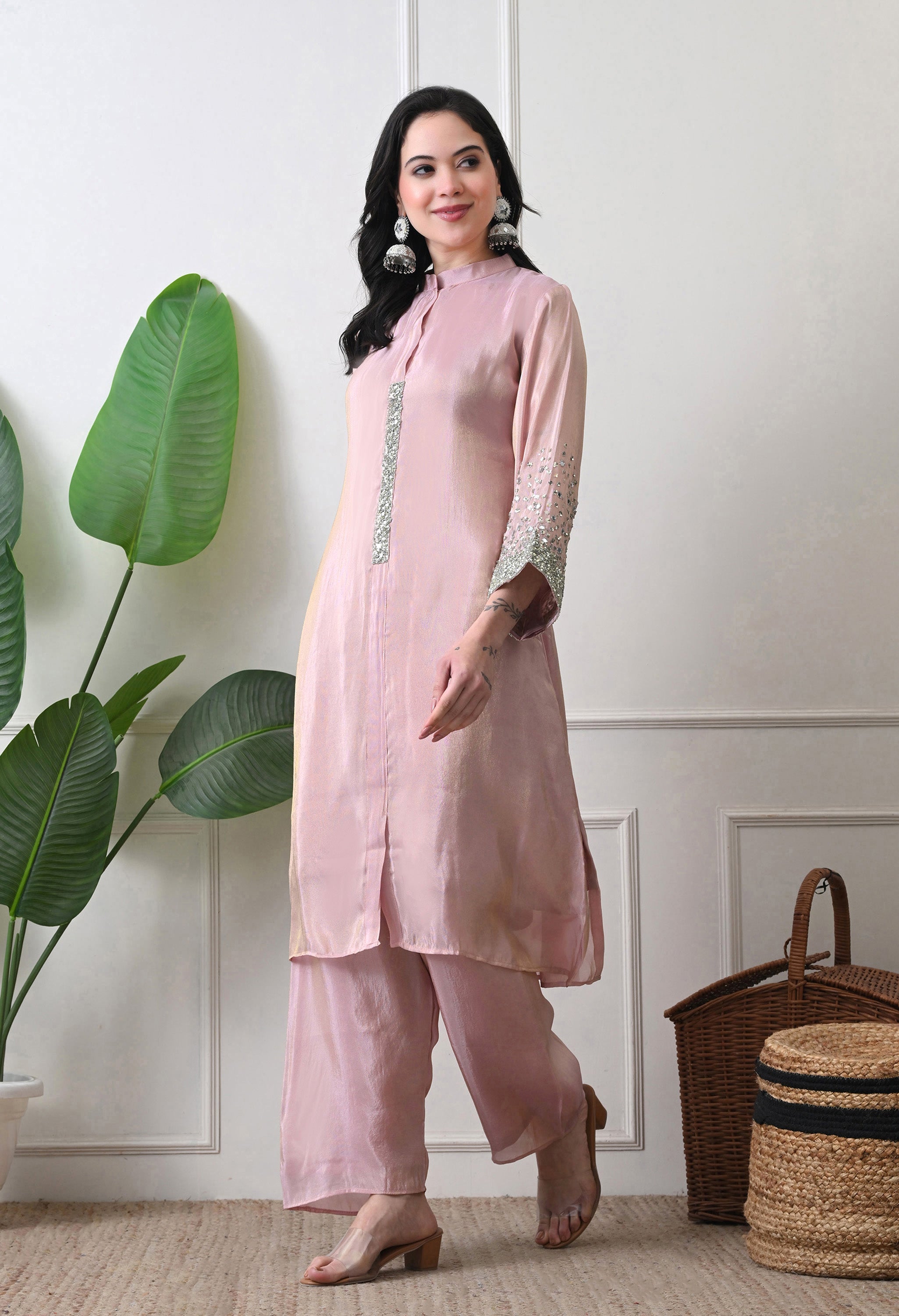 Dusty Rose Premium Tissue Silk Sequin-embroidered Kurta Set- Set of 2