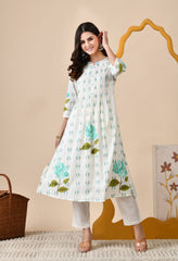 White A-line Hand-Painted Mul Cotton Kurta with Pants- Set of 2.